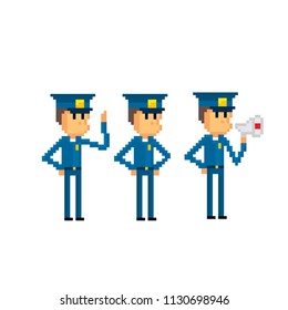 Police character set. Pixel art. Old school computer graphic. 8 bit video game. Game assets 8-bit sprite.