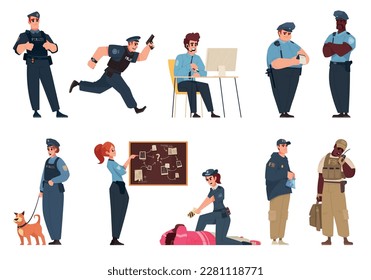 Personajes de la policía iconos de dibujos animados con oficiales de sexo masculino y femenino aislados ilustraciones vectoriales