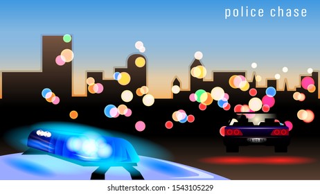 Police chase. Police car flashing light on evening bokeh city background. Realistic vector illustration.