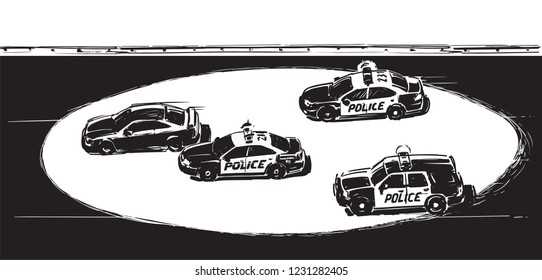 Police chase on the Highway. Black and White illustration