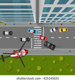 Police Chase Top View Background Vector Illustration