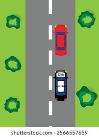 Police Chasing a Car Top View. Law enforcement and violations on the road concept vector art