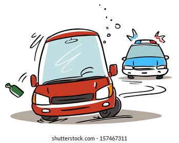 police chasing drunk driver. cartoon illustration