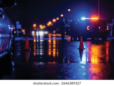 Posto de Verificação da Polícia à Noite com Policiais Verificando Motoristas Embriagados na Estrada Ocupada com Luzes Piscando - Cena de Aplicação DUI