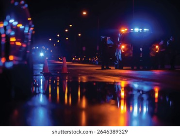 Posto de Verificação da Polícia à Noite com Policiais Verificando Motoristas Embriagados na Estrada Ocupada com Luzes Piscando - Cena de Aplicação DUI