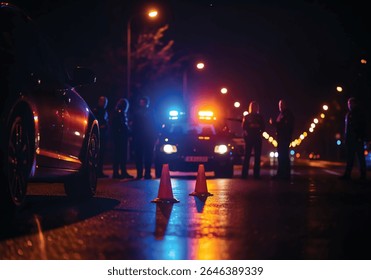 Posto de Verificação da Polícia à Noite com Policiais Verificando Motoristas Embriagados na Estrada Ocupada com Luzes Piscando - Cena de Aplicação DUI