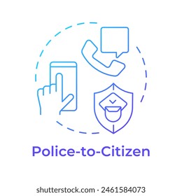 Police to citizen blue gradient concept icon. Public safety, law enforcement. Justice system. Round shape line illustration. Abstract idea. Graphic design. Easy to use in infographic, presentation