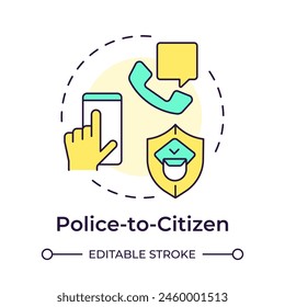 Police to citizen multi color concept icon. Public safety, law enforcement. Justice system. Round shape line illustration. Abstract idea. Graphic design. Easy to use in infographic, presentation