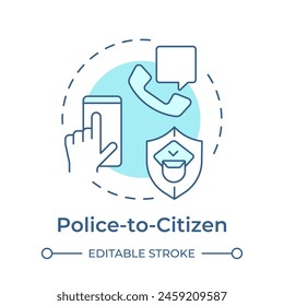 Police to citizen soft blue concept icon. Public safety, law enforcement. Justice system. Round shape line illustration. Abstract idea. Graphic design. Easy to use in infographic, presentation