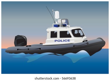 Police coast guard motor boat on water surface. Vector color illustration.