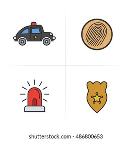 Police color icons set. Car, finger print, flasher, police badge. Isolated vector illustration