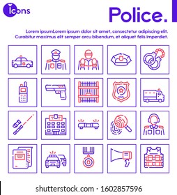 Police color linear vector icons set. Crime and investigation blue outline symbols. Prison, handcuffs, bulletproof vest, policeman. Law, order and justice contour illustration collection