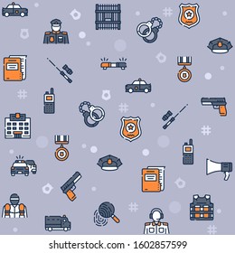Police color linear vector icons set. Crime and investigation blue outline symbols. Prison, handcuffs, bulletproof vest, policeman. Law, order and justice contour illustration collection