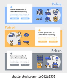 Police color linear vector icons set. Crime and investigation blue outline symbols. Prison, handcuffs, bulletproof vest, policeman. Law, order and justice contour illustration collection