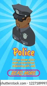 Police concept banner. Isometric banner of police comics vector concept for web, giftcard and postcard