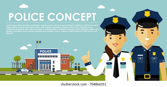 Police concept with cops in flat style. Young policeman and policewoman, city police department building, police car