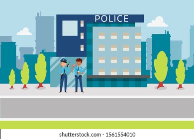 Police concept with cops near police city station, vector cartoon illustration. Young policeman and caucasian policewoman, city police department building, cityscape with trees and skyscrappers.