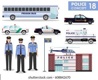 Police concept. Detailed illustration of police station, policeman, sheriff, prison bus, helicopter, armored S.W.A.T. truck and car in flat style on white background. Vector illustration.