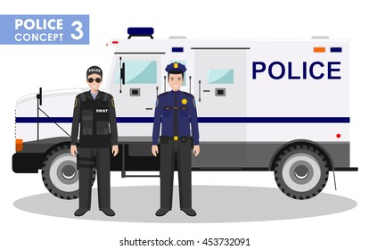 Police concept. Detailed illustration of SWAT officer, policeman and armored car in flat style on white background. Vector illustration.