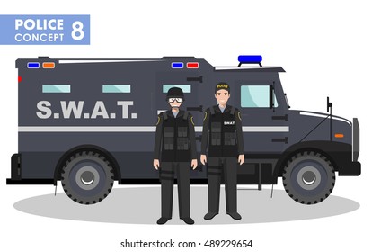 Police concept. Detailed illustration of SWAT officer, policeman and armored car in flat style on white background. Vector illustration.