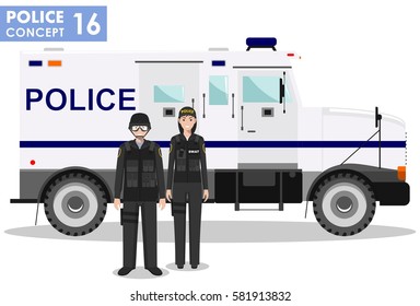 Police concept. Detailed illustration of SWAT officer, policeman, policewoman and armored car in flat style on white background. Vector illustration