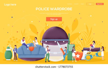 Volante de concepto policial, banner web, encabezado ui, entrar al sitio. Caracteres de personas con elementos alrededor del fondo del concepto. Diseño de página deslizante moderna. Textura del grano, efecto de ruido