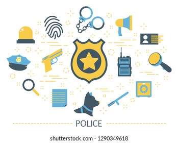 Police concept. Idea of guard job. Law and justice. Professional uniform and golden sign. Authority and safety. Set of colorful icons. Isolated flat vector illustration