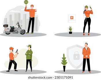 Police concept illustration, police station, security, cops, police officer, arrest , prison ,handsup concept, parking ticket