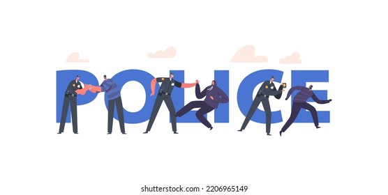 Police Concept, Officer Characters Catching Pickpocket Thief And Robber In Mask. Policemen On Duty, City Patrol Constable Fight With Criminals Poster, Banner Or Flyer. Cartoon Vector Illustration
