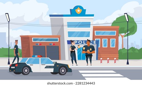 Police concept with people scene in the background carton style. Police officers go out on call to help people. Vector illustration.