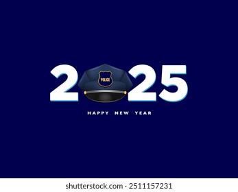 Police cop New Year 2025 creative Web Banner Poster Design, 2025 New Year number logo with Police cop officer cap, Soldier cap, Happy New Year 2025 on an isolated background