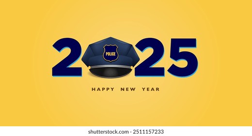 Police cop New Year 2025 creative Web Banner Poster Design, 2025 New Year number logo with Police cop officer cap, Soldier cap, Happy New Year 2025 on an isolated background