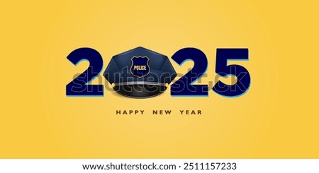 Police cop New Year 2025 creative Web Banner Poster Design, 2025 New Year number logo with Police cop officer cap, Soldier cap, Happy New Year 2025 on an isolated background