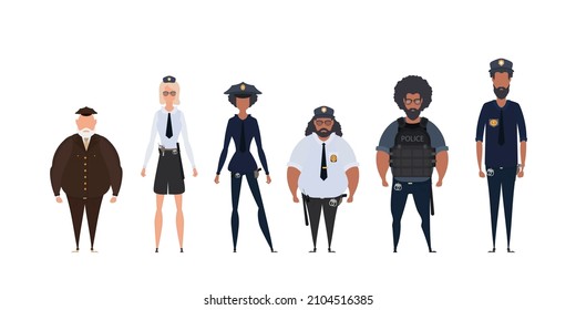 Police cop and officer security in uniform illustration. Group of police officers. Woman and man cops vector characters.