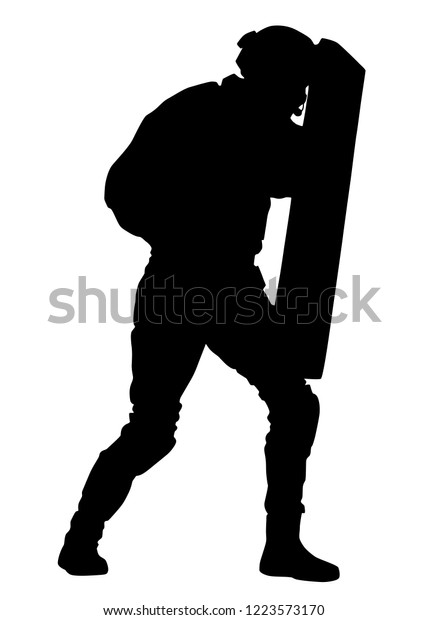 Police counter terrorist tactical unit, SWAT\
team, riot or crowd control officer in helmet and uniforms,\
covering himself with anti riot or ballistic shield silhouette\
isolated on white\
background