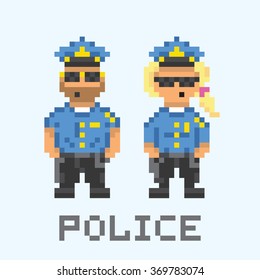 Police couple in pixel art style vector illustration