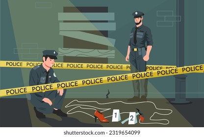 Police crime scene. Criminal murder investigation of detective officers, victim corpse traced with chalk, policemen with dog at work. Vector illustration of criminal police scene svg