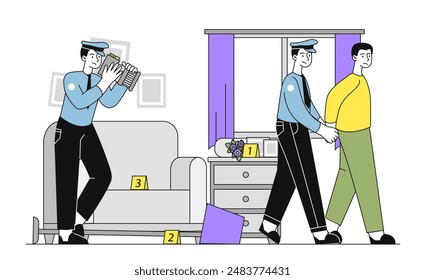 Police at crime scene. Officers lead prisoner to exit of apartment. Criminal caught in act. Law enforcement, safety and security. Linear flat vector illustration isolated on white background