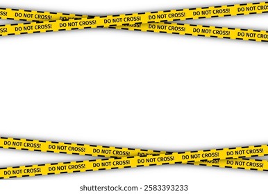 Police crime scene tapes. Yellow black tape barrier. Caution for criminal warning do not cross ribbons accident places. Seamless striped boundary lines. Vector illustration.