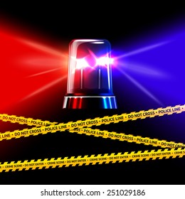 Police crime scene yellow tape and red with blue emergency flashing siren. Vector