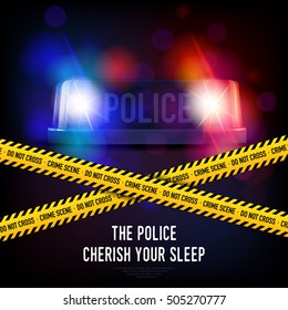 Police crime scene with yellow tape red and blue flashing siren realistic vector illustration