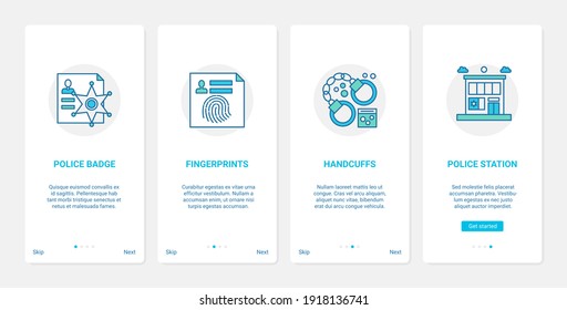 Police crime symbols vector illustration. UX, UI onboarding mobile app page screen set with line abstract badge of cop policeman, criminal fingerprints, handcuff for gangster, police station building