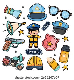 Police cute doodle vector sticker collection
