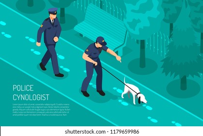 Police cynologist special footsteps tracking dog training assisting detective inspectors in crime investigation isometric composition vector illustration 