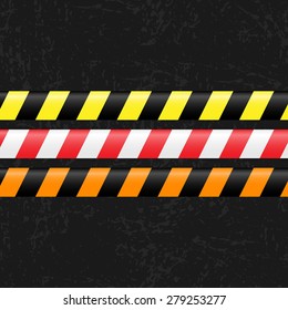 Police, danger, caution lines over black old style background,  vector illustration. Black yellow, red white, orange  tapes