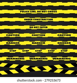 Police, danger, caution lines over black background,  vector illustration. Black yellow tapes
with warning words