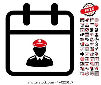 Police Day icon with bonus calendar and time management design elements. Vector illustration style is flat iconic bicolor symbols, intensive red and black colors, white background.