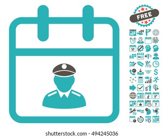 Police Day icon with bonus calendar and time management clip art. Vector illustration style is flat iconic bicolor symbols, grey and cyan colors, white background.