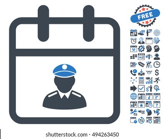 Police Day icon with bonus calendar and time management design elements. Vector illustration style is flat iconic bicolor symbols, smooth blue colors, white background.