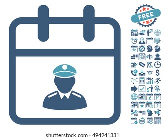 Police Day pictograph with bonus calendar and time management icon set. Vector illustration style is flat iconic bicolor symbols, cyan and blue colors, white background.